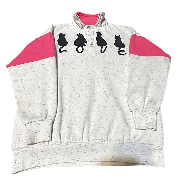 Magic Sweaters - Vintage Magic USA Cat LOVE Quarter Zip Sweatshirt Pink Colorblock Women’s L